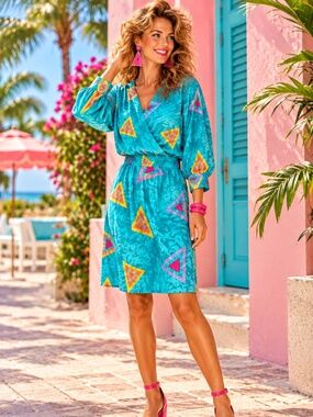Vintage Adrianna Papell Teal Silk Dress Size 6 80s 90s Retro Geometric Glam Chic